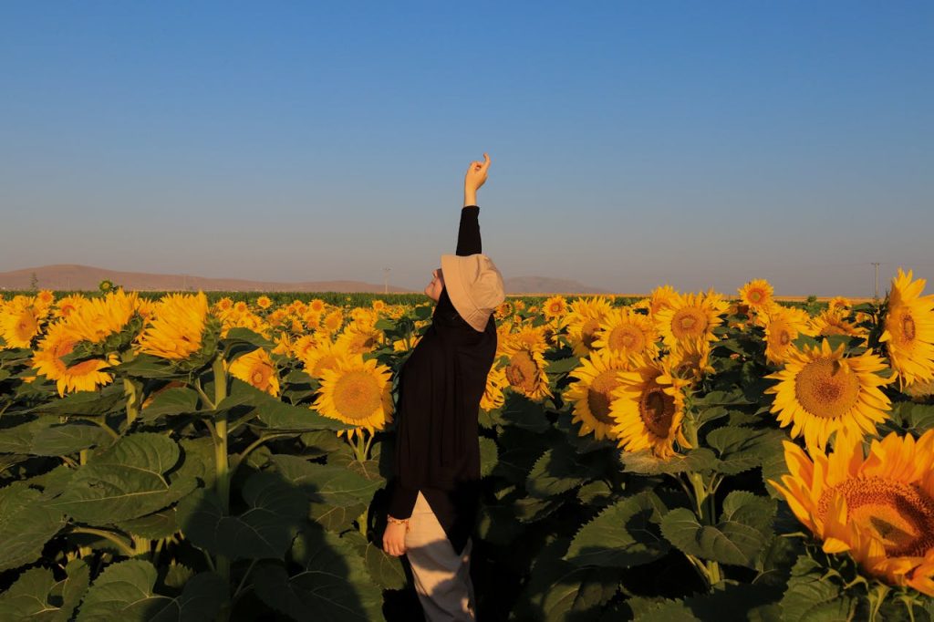 A woman in a sunflower field reaching up towards a clear blue sky at sunset.