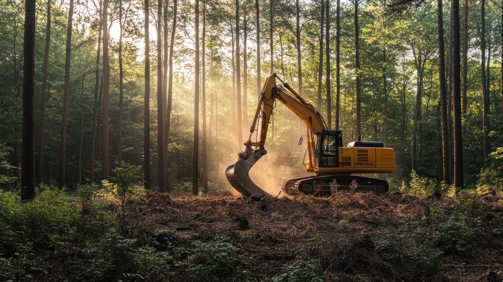Yellow excavator working in the woods